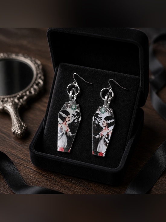 Handmade Jewelry - Frankenstein & The Bride Coffin Drop Earrings  - Goth - Horror